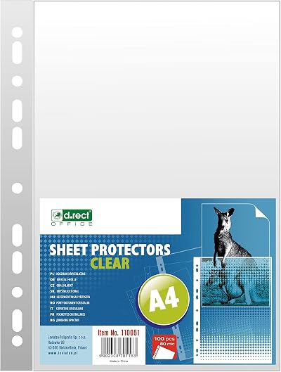 D.RECT Document Sleeves 80 µm A4 Pack of 100 Transparent Foil
