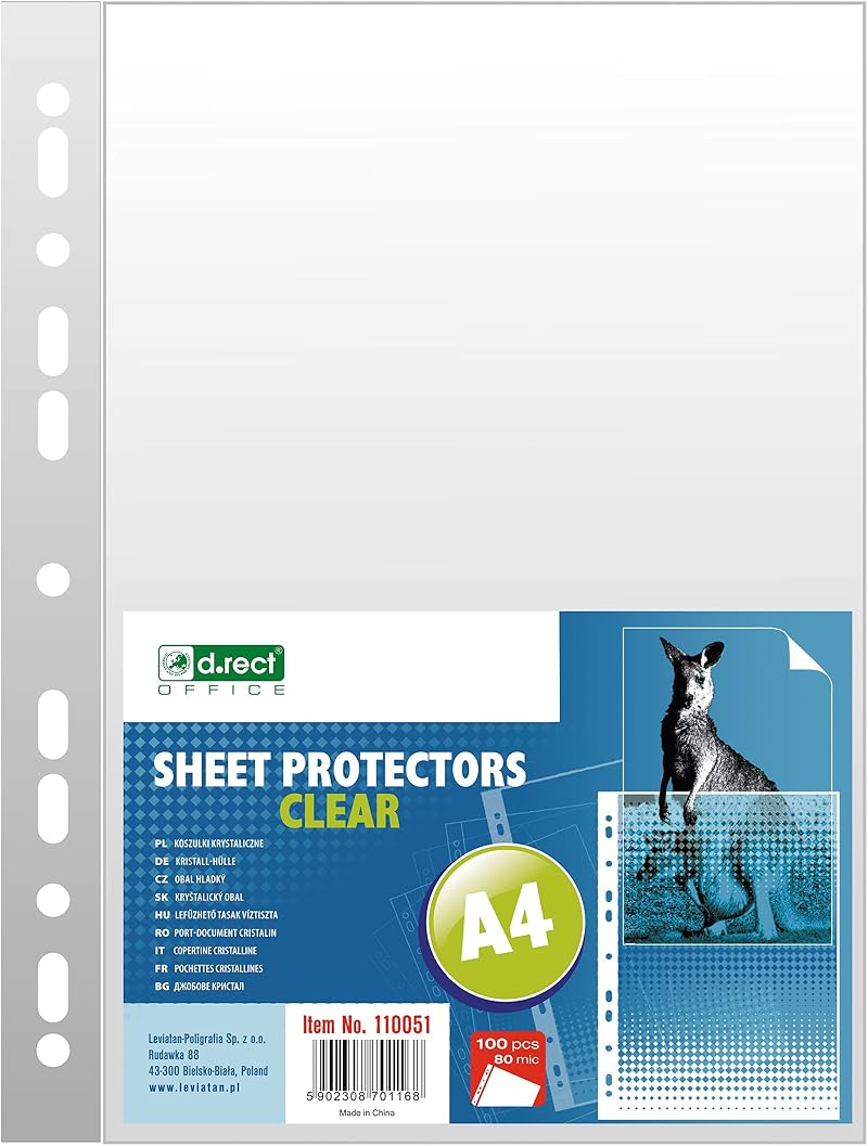 D.RECT Document Sleeves 80 µm A4 Pack of 100 Transparent Foil