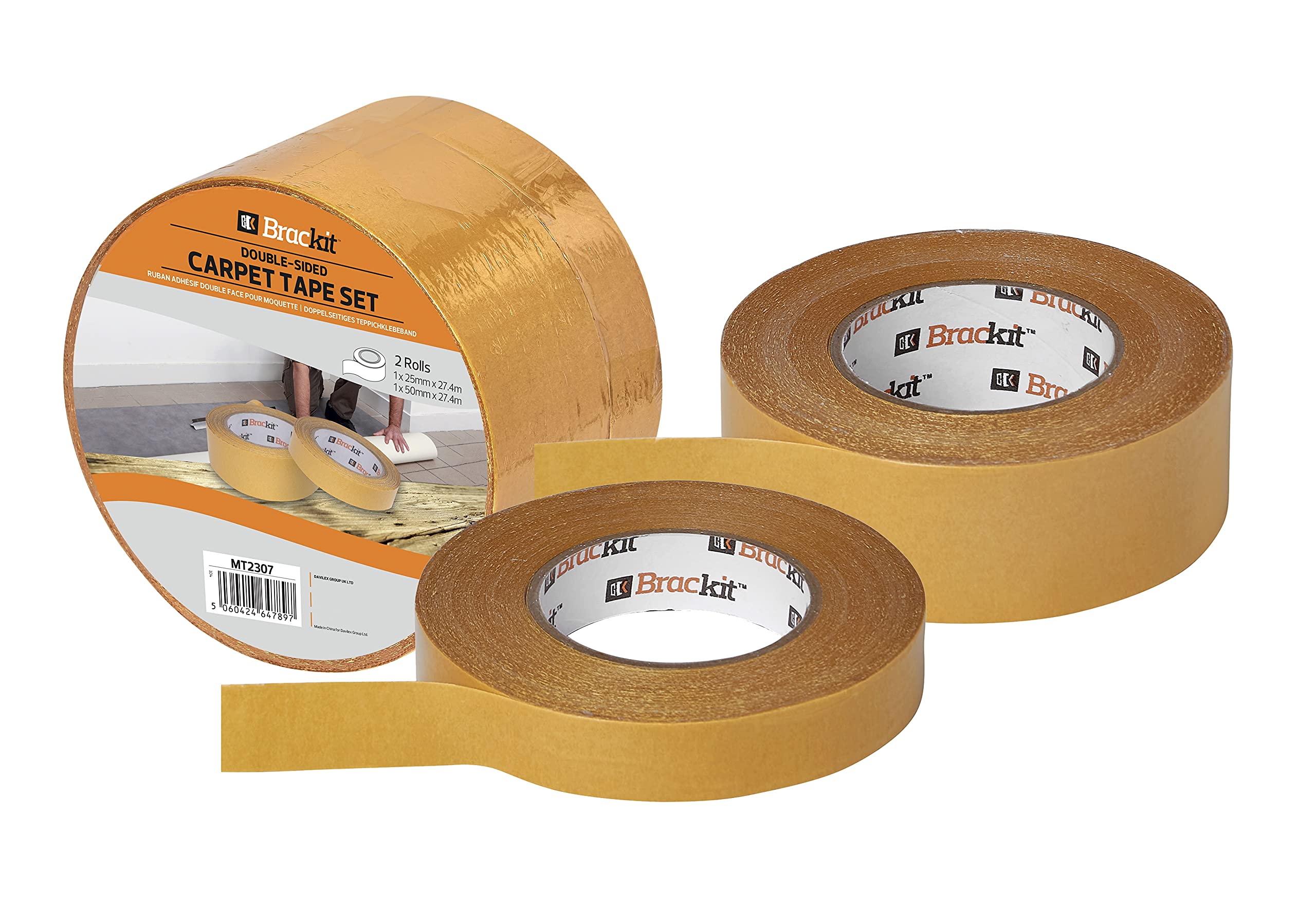 Brackit 2 Rolls Double-Sided Heavy Duty Carpet Tape - 1 x 25mm x 27.4m & 1 x 50mm x 27.4m – For Securing Rugs, Mats, Runners & Pads Onto Hard Surfaces