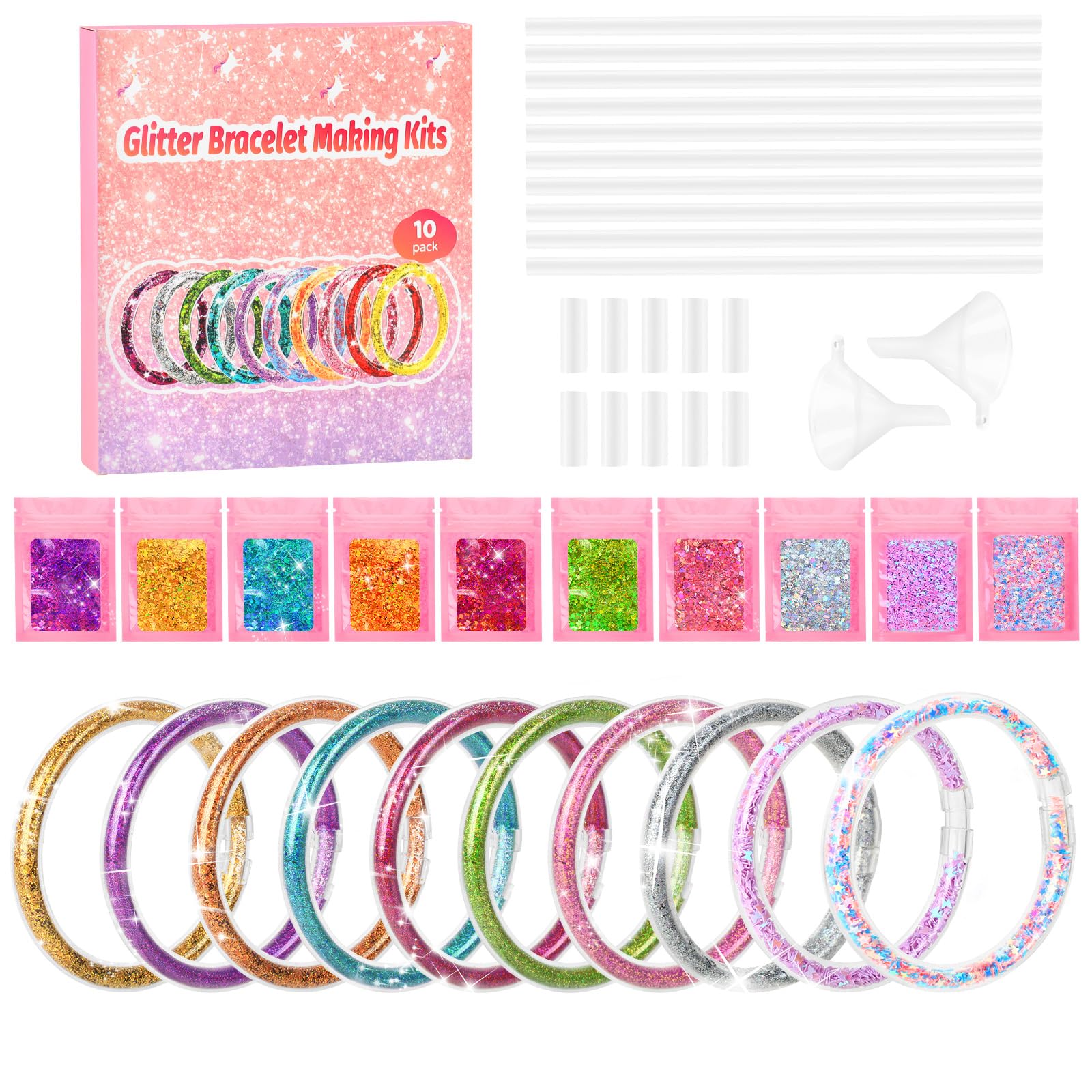 MPQMPQ Glitter Bracelet Making Kit 10pcs, DIY Bracelet Craft Set with Shiny Sequins, Creative Arts and Crafts for Kids, Best Girls Birthday Gifts for Girls Age 6 7 8 9 10 11 12+ Year Old