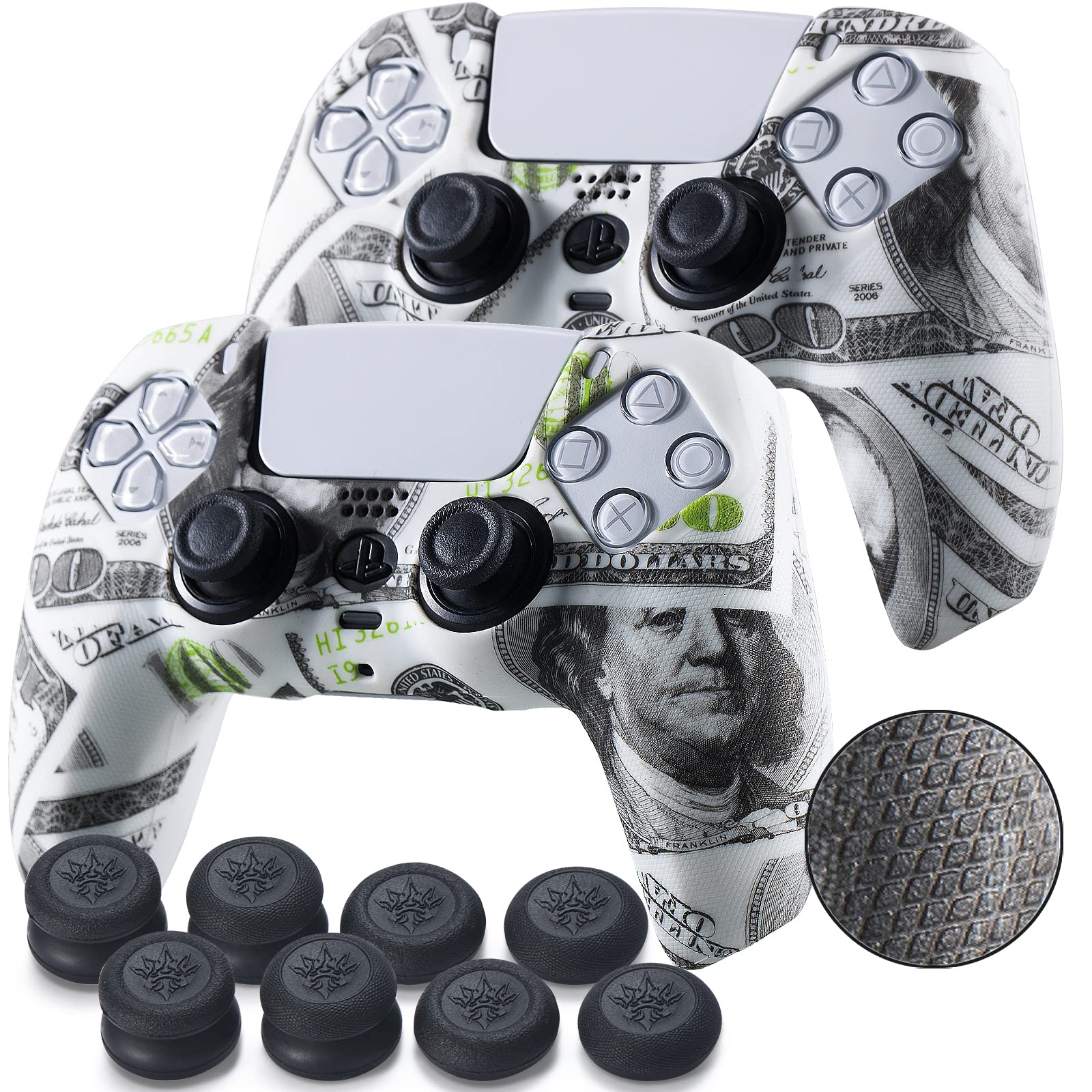 YoRHa Grip Texture Silicone Skin for PS5 Controller x 2(US Dollars) with Pro Thumb Grips x 8