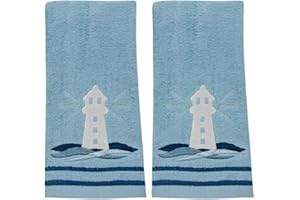 Serafina Home Coastal Nautical Bathroom Fingertip Towels - Set of 2 100% Cotton Light Embroidered Lighthouse Design- 18 x 12 Summer Bath & Kitchen Decor