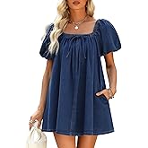 POTILI Denim Dress for Women, Puff Short Sleeve Jean Dress Square Neck Denim Romper with Pockets