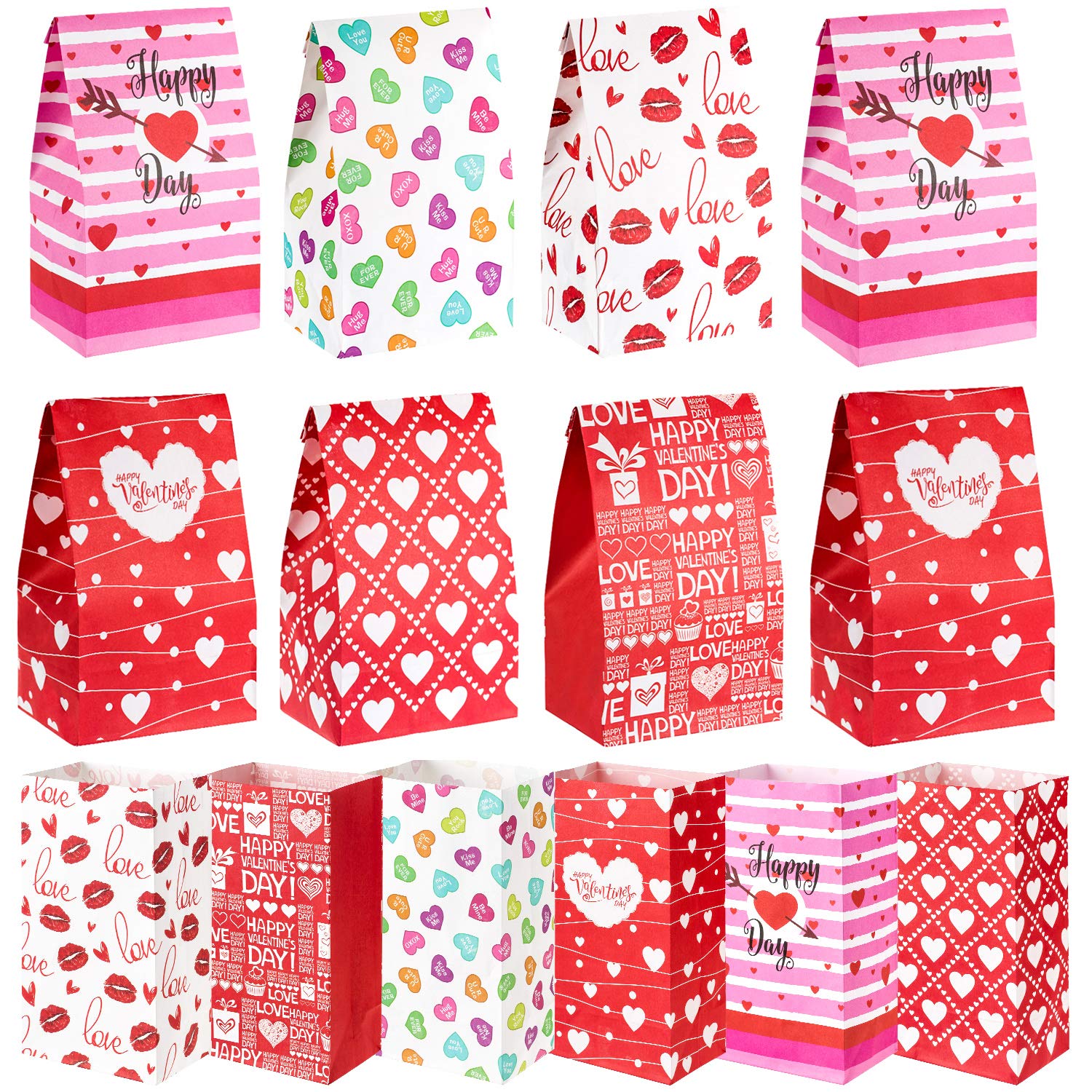 Whaline 60 Pack Valentine's Day Paper Gift Bags Heart Love Bags for Valentine Party Favors, Classroom, Galentines Day, Sweetest Day, Goodies and Treats