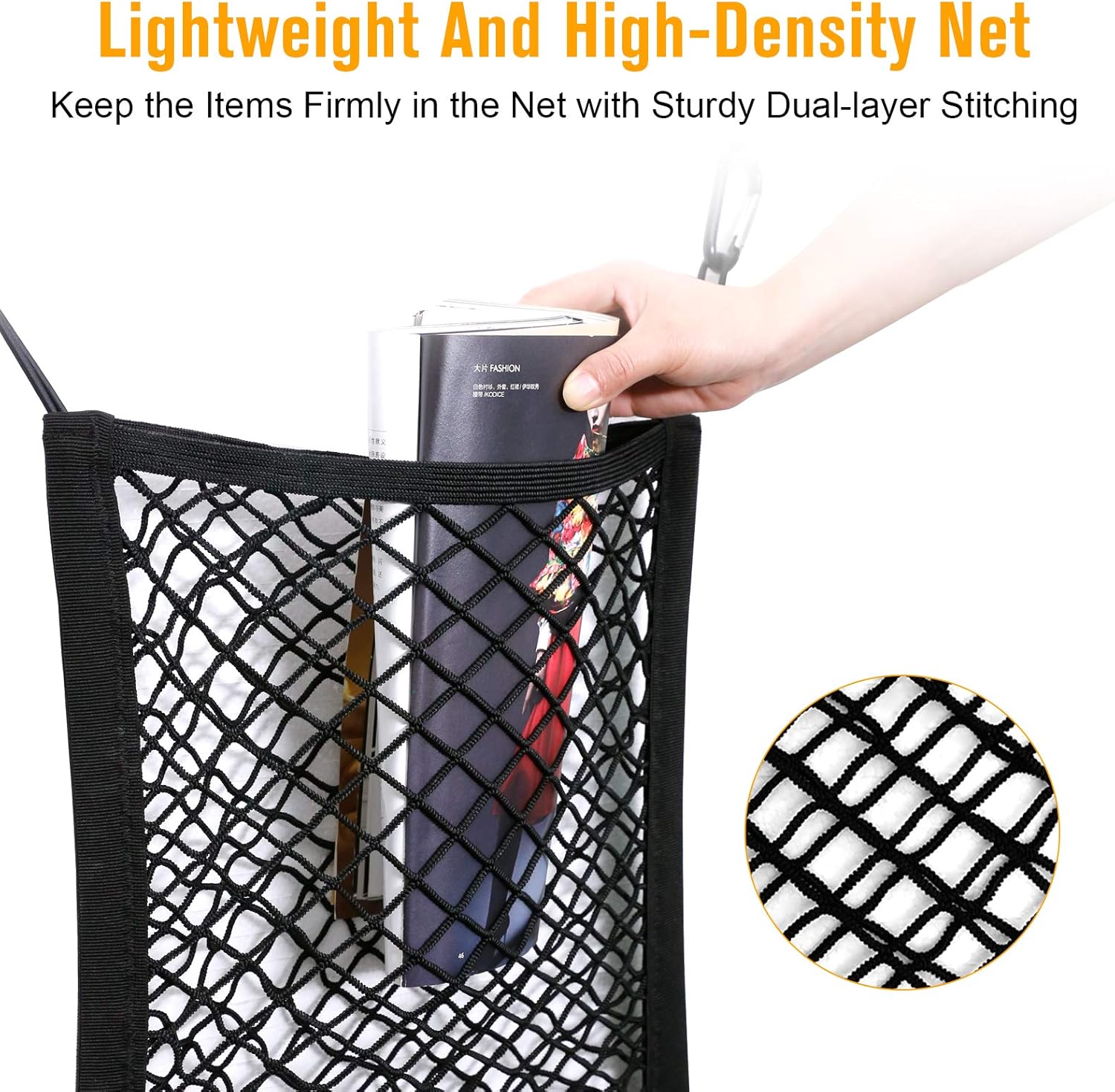 rabbitgoo Dog Car Net Barrier, 13.98" × 15.55", Metal Hooks & Stretchable Mesh Obstacle, Back Seat Net Organizer, Design for Pet Disturb Stopper & Storage Pouch, Drive Safely with Children & Pets : Pet Supplies