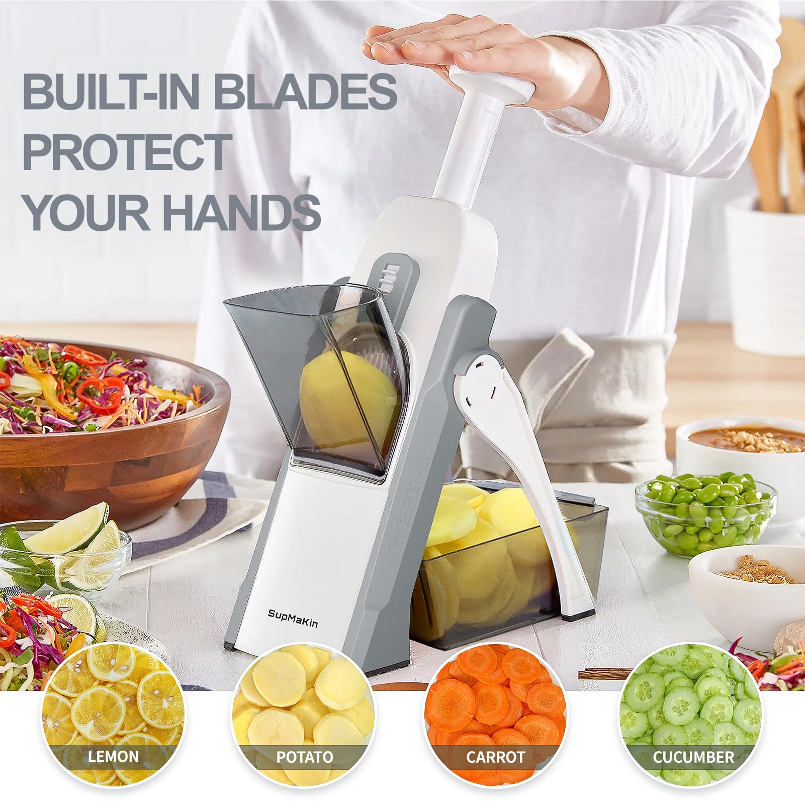 SupMaKin Safe Mandoline Slicer for Kitchen, Potato Slicer for Chips, Vegetable & Food Cutter,Thickness Adjustable 0.1-8 mm, Kitchen Faster Slice Artifact (Only Slicer)