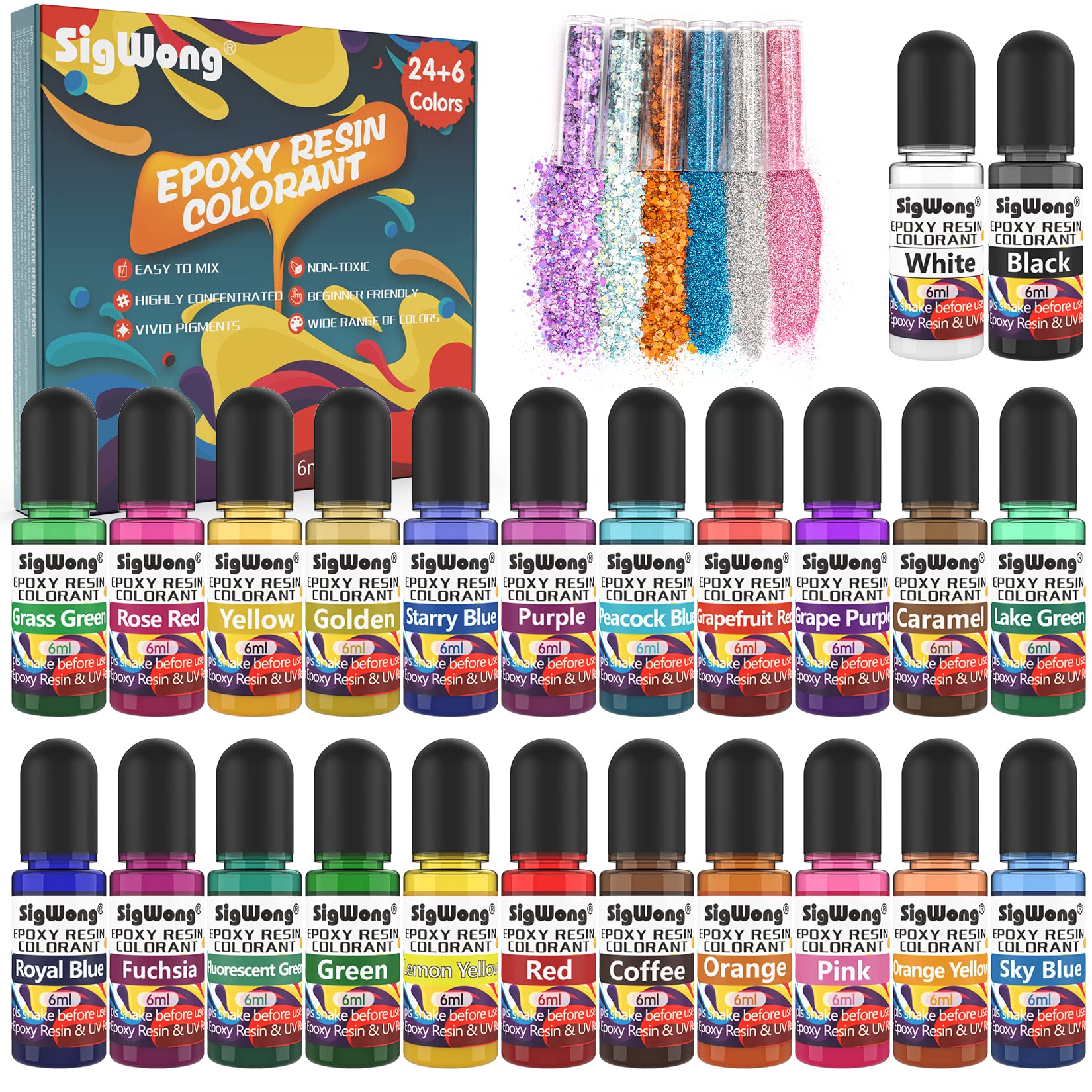 Photo 1 of Epoxy Resin Pigment - 24 Colors Liquid Translucent Epoxy Resin Colorant, Highly Concentrated Dye for DIY Jewelry Making, Paint, Craft - 6ml Each, with 6 Colors Resin Glitter