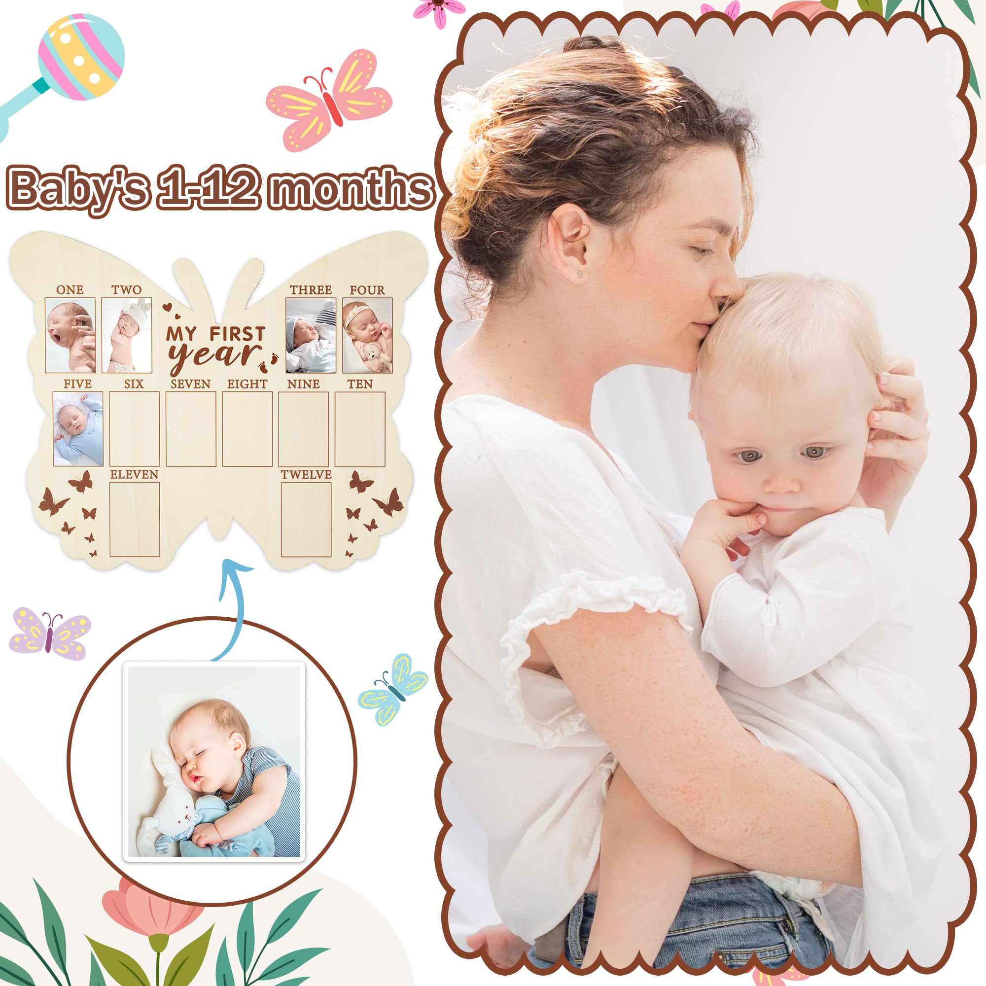R HORSE My First Year Photo Display Wood Board, Butterfly Shape 1st Birthday Photo Frame, Baby’s First Year Picture Frame, 12 Months Milestone Board Baby Keepsake Board Nursery Decor Gift for Boy Girl