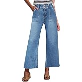 Allimy Womens High Rise Two Button Closure Cropped Jeans Wide Leg Front Slip Pockets Frayed Hem Denim Pant