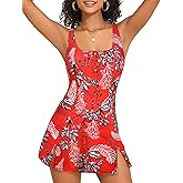Hilor Women's Square Neck One Piece Swimdress Tummy Control Swimsuits with Skirt Side Slit Slimming Swim Dress