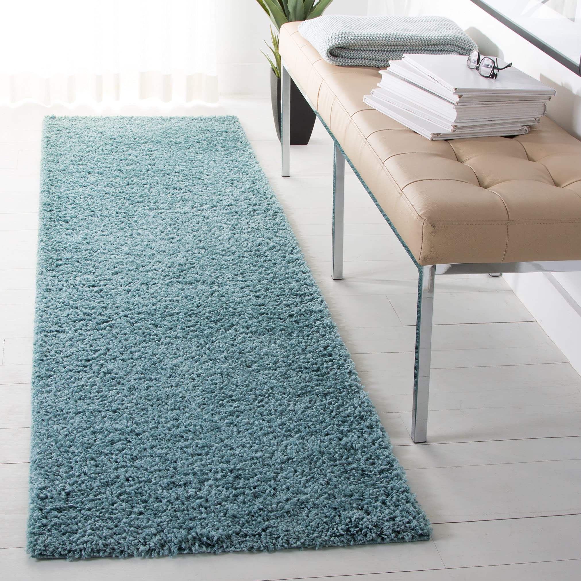 Safavieh Shaggy Indoor Woven Runner Area Rug, Primo Shag Collection, PRM300, in Aqua, 66 X 244 cm for Living Room, Bedroom or Any Indoor Space