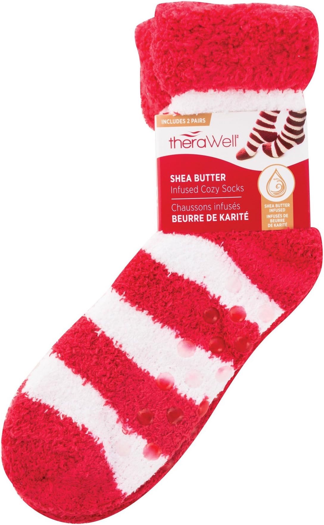 TherawellShea Butter Cozy Socks, Red with White Stripes, Pink
