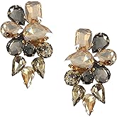 Extra LARGE Antique Retro Art Deco Vintage Style Citrine Amber Champagne Grey Smokey Topaz Marcasite Chunky Statement Rhinestone Pageant Drag Queen Bridal Prom Wedding Cluster Earrings