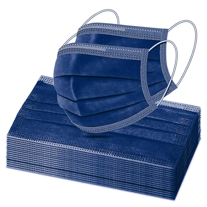Navy Blue Disposable Face Masks, Facial Mouth Cover, 3 Ply Filter