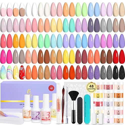Lavender Violets 62 Pcs Dipping Powder Nail Kit Nude Pink Brown Red Green Blue Purple Glitter Essential Liquid Primer,Base Top Coat Activator with French Nail File Stickers Recycling Tray Manicure 902