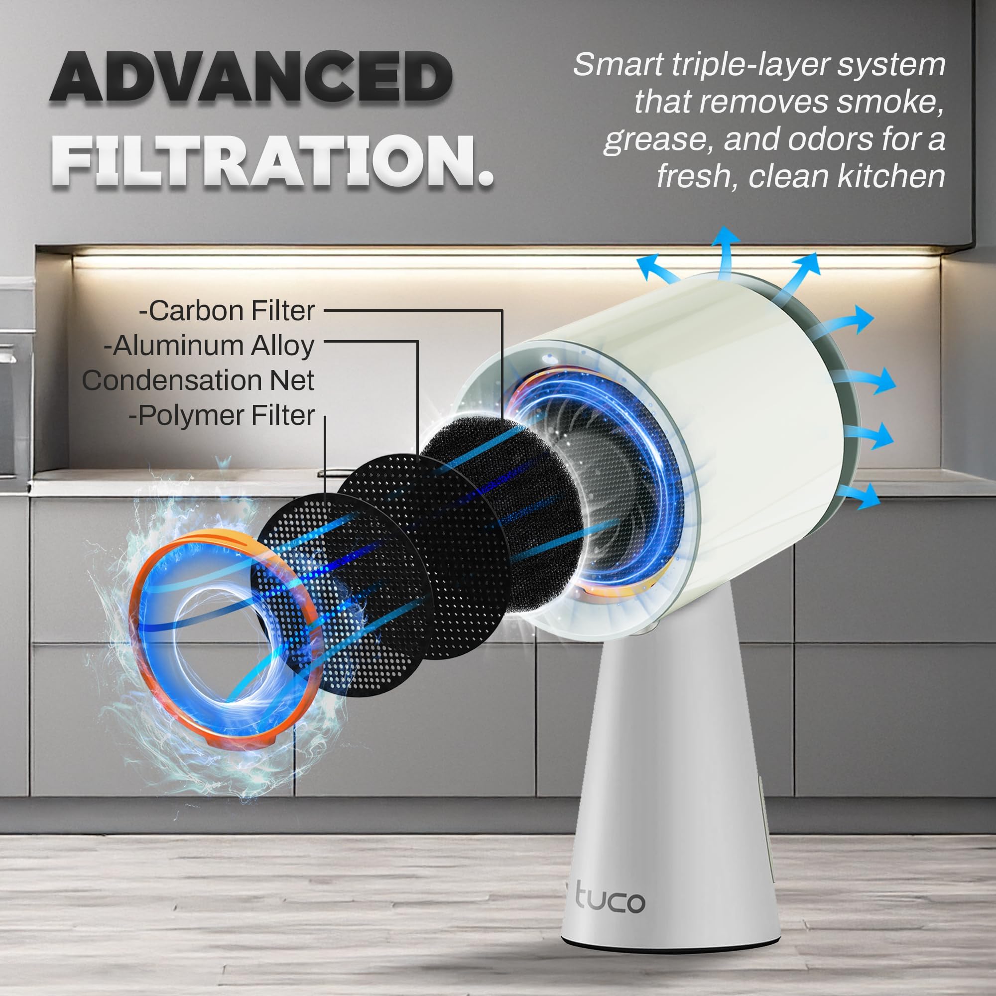 TUCO Portable Range Hood, Desktop Kitchen Exhaust Fan with 3 Speeds, Triple Filter Polymer, Aluminum & Carbon, Low Noise, Oil Collection Cup, Smoke Air Purifier for Indoor BBQ (Grey)