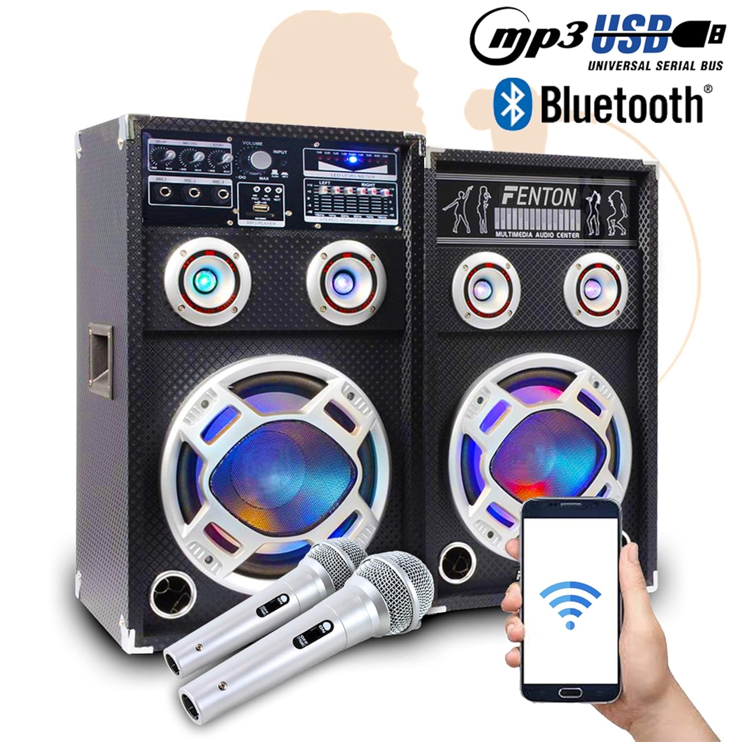 Pair of Powered Karaoke Disco Party Speakers USB MP3 Playback and Sound