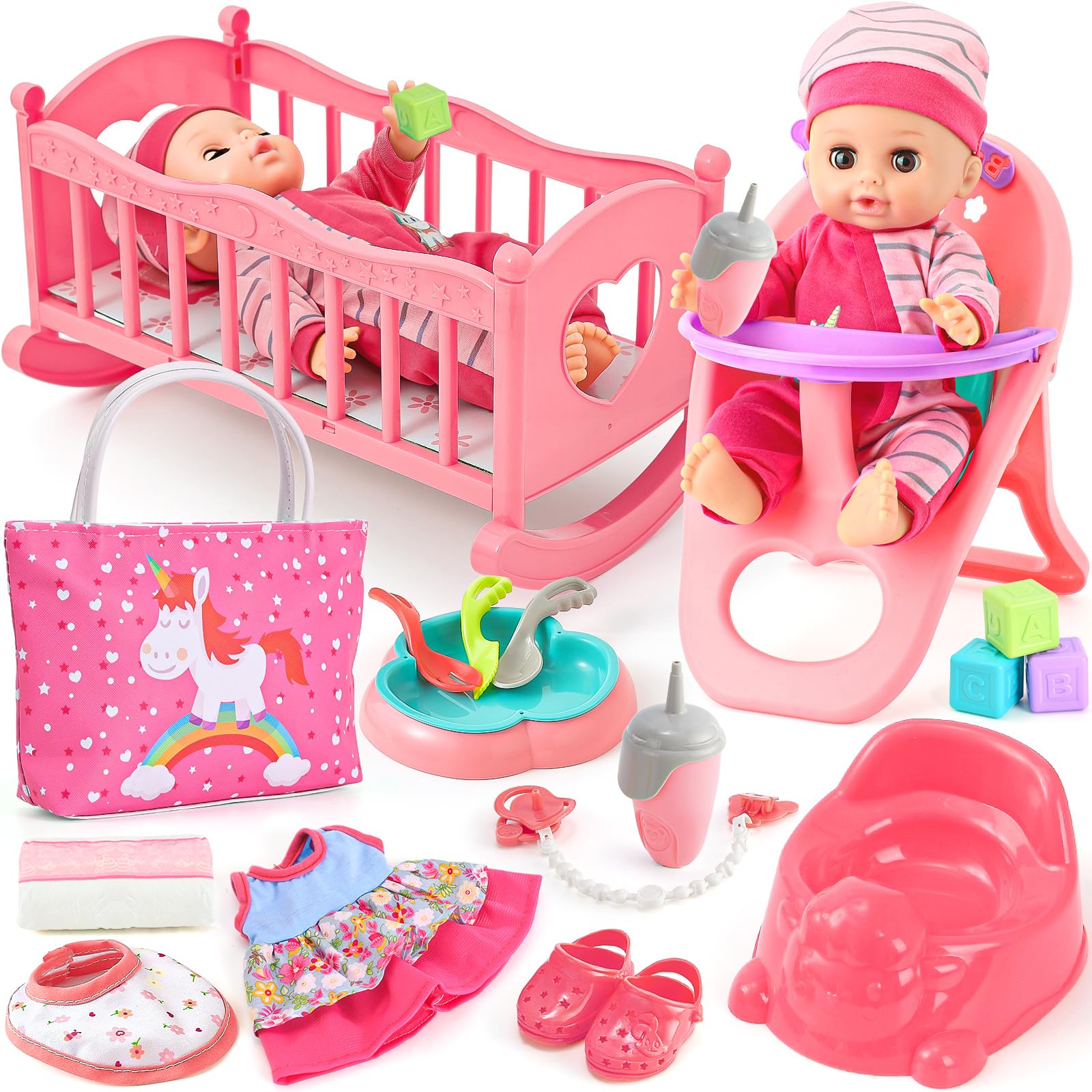 Tacobear Baby Doll Accessories Playset, 30cm Baby Born Doll Toys, 20Pcs Pretend Play Feeding &Care Set Crib/High Chair/Diaper/Bottle/Handbag/2 Clothes Toddler Toys Doll Gifts for Kids Girls 3 4 5 6