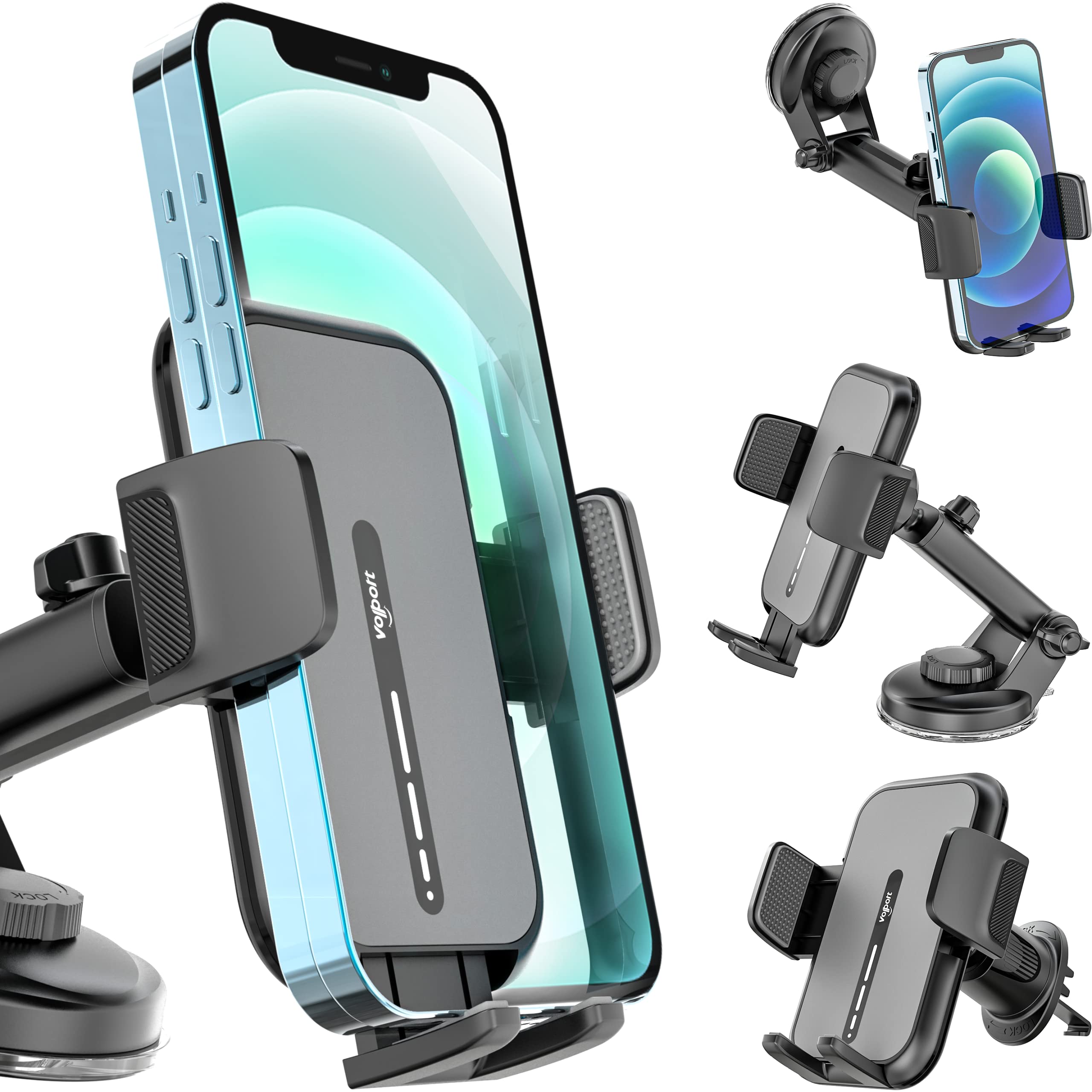 volport Cell Phone Mount for Car [Universal for iPhone Wallet & Thick Case] Military Suction Car Phone Holder for Dashboard & Windshield, Air Vent Clip with Deep Wide Clamp for Big Heavy Cellphone