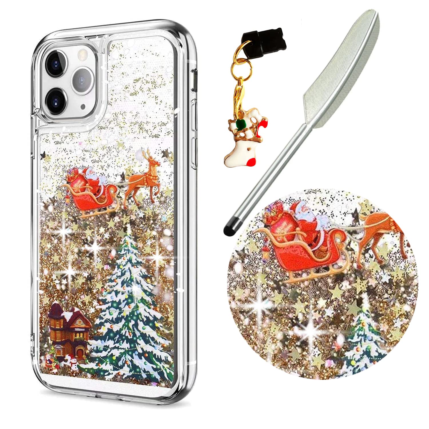 Reevermap iPhone 14 Pro Case Christmas Phone Case, Protective Clear Shiny Glitter Liquid Floating Soft Silicone Xmas Santa Claus Cover for iPhone 14 Pro & 1 Touch Pen & 1 Dust Plug, Gold
