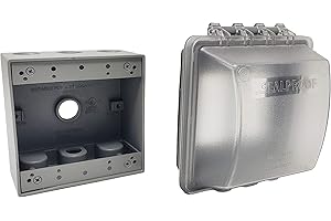 Sealproof 2-Gang Weatherproof Exterior in Use Outlet Cover and Box Kit - Double Gang Metallic Electrical Outlet Box with Three 1/2-Inch Holes and UL Extra Duty, Lockable, in Use Outdoor Outlet Cover