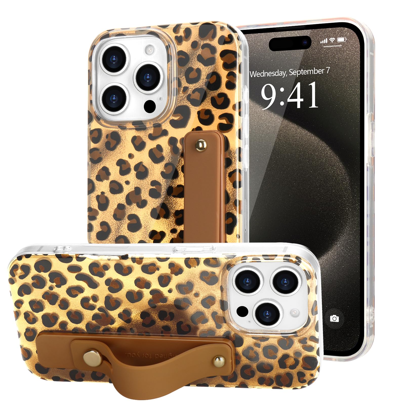 LAPOPNUT for iPhone 15 Pro Max Case with Wrist Strap, Cheetah Leopard Tortoise Shell Print Shockproof Soft TPU Protective Cover Women Girls, Slim Anti Scratch Case for iPhone 15 Pro Max 6.7 Inch,Gold