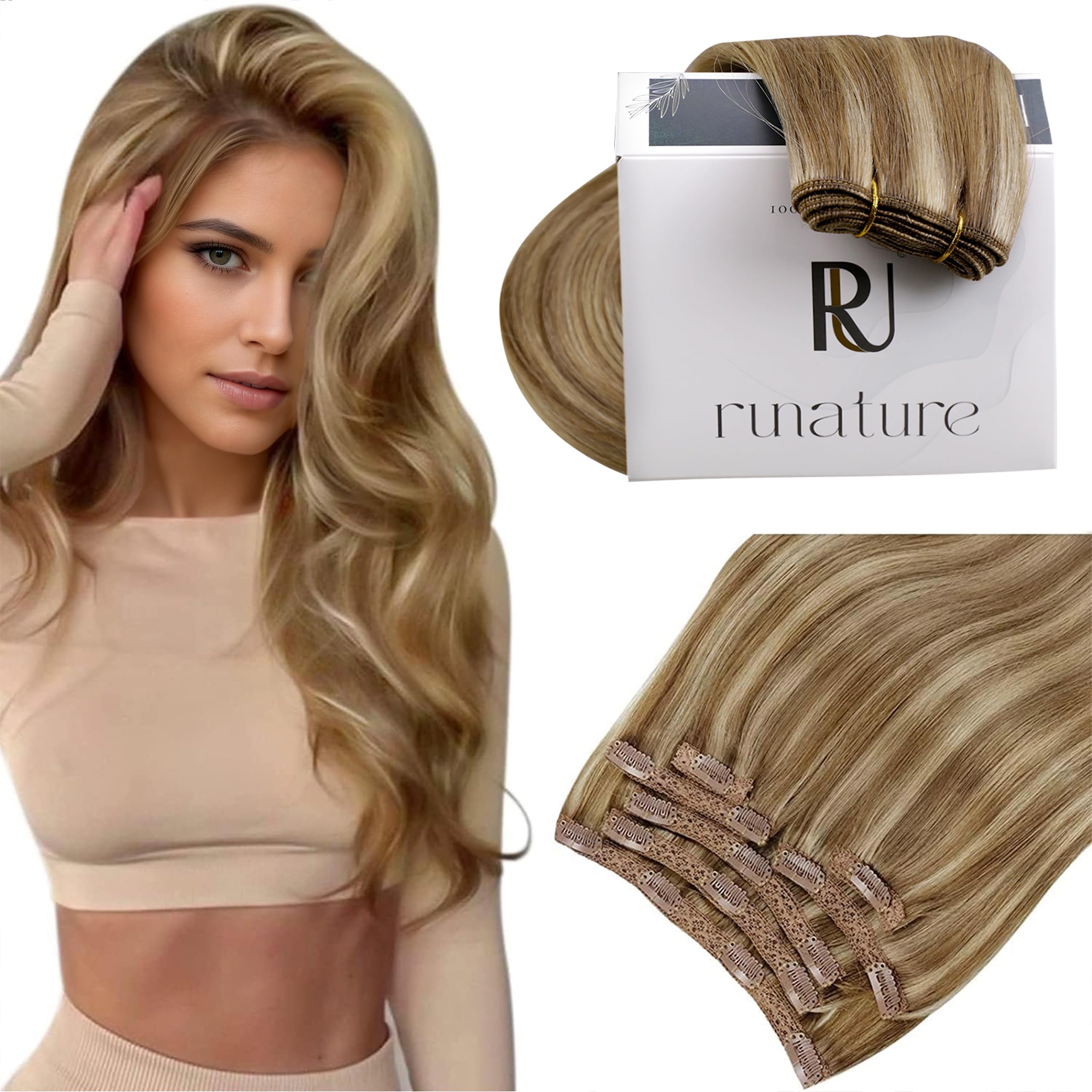 RUNATURE Clip in Hair Extensions Real Human Hair Brown Highlight Blonde Clip in Extensions Human Hair Brown Double Weft Clip in Human Hair Extensions 7pcs 18 Inch 120g — image 1