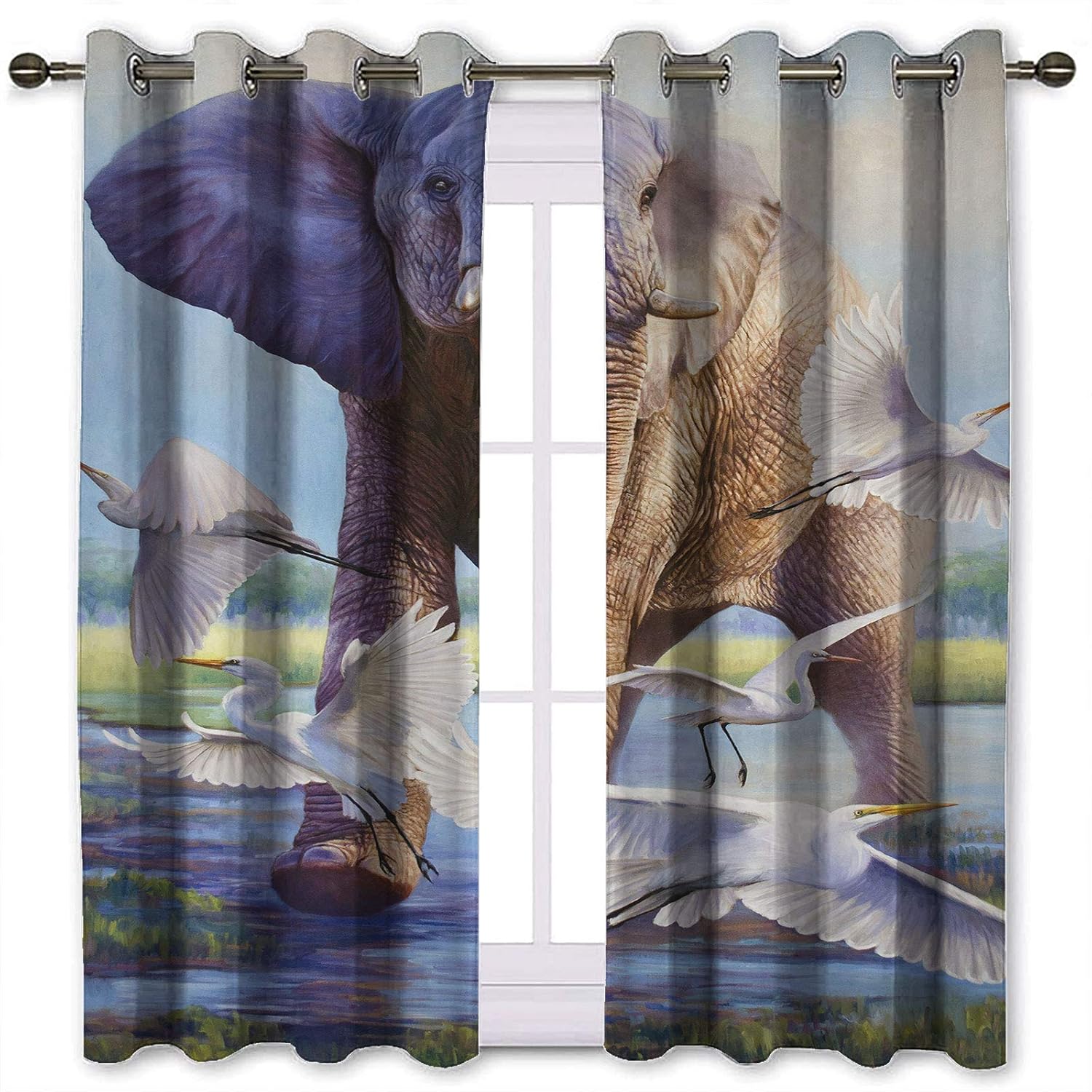SSKJTC Room Darkening Curtains Animal Art Elephant White Crane