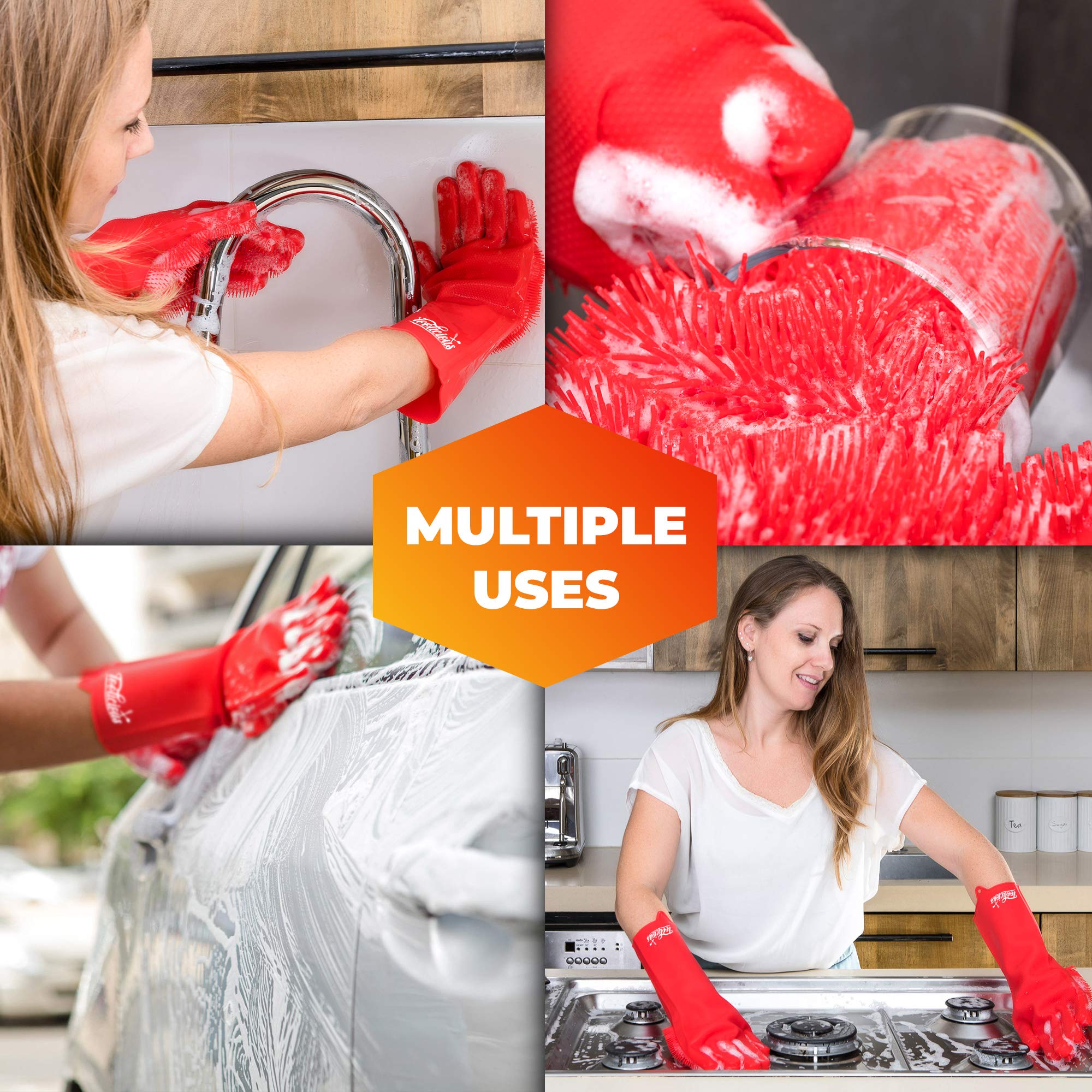 Magic SakSak Silicone Reusable Dishwashing Gloves | Pair Of Rubber Scrubbing Gloves For Dishes | Wash Cleaning Gloves With Sponge Scrubbers For Washing Kitchen, Bathroom, Car and More