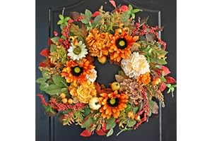 Pinkpuii Fall Wreaths for Front Door 24 Inch Autumn Wreath with Sunflowers,Peonies,White Pumpkins,Eucalyptus Leaves & Berries– Thanksgiving Harvest Door Décor for Indoor Outdoor Front Porch