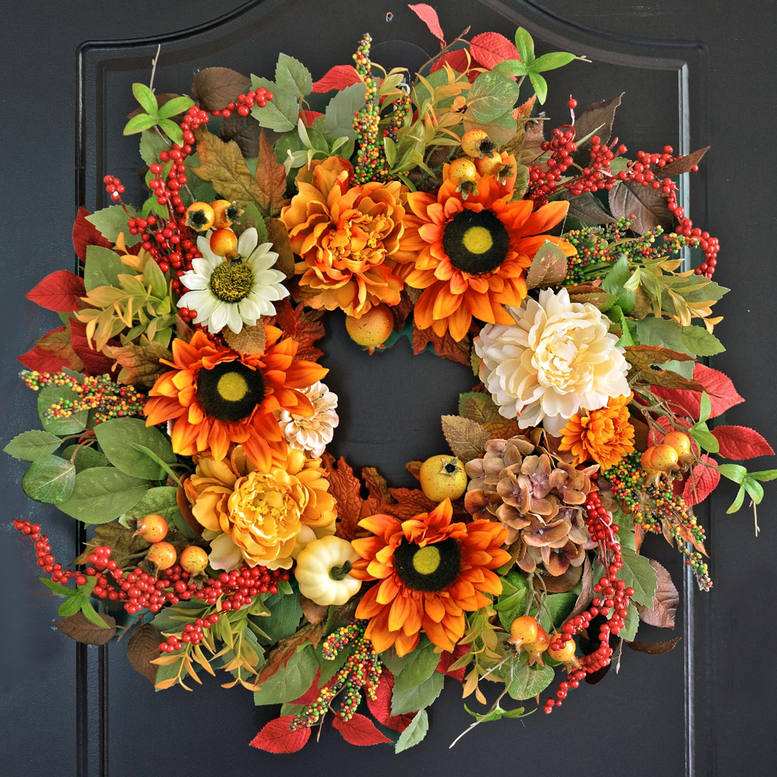 Photo 1 of Pinkpuii Fall Wreaths for Front Door 24 Inch Autumn Wreath with Sunflowers,Peonies,White Pumpkins,Eucalyptus Leaves & Berries– Thanksgiving Harvest Door Décor for Indoor Outdoor Front Porch