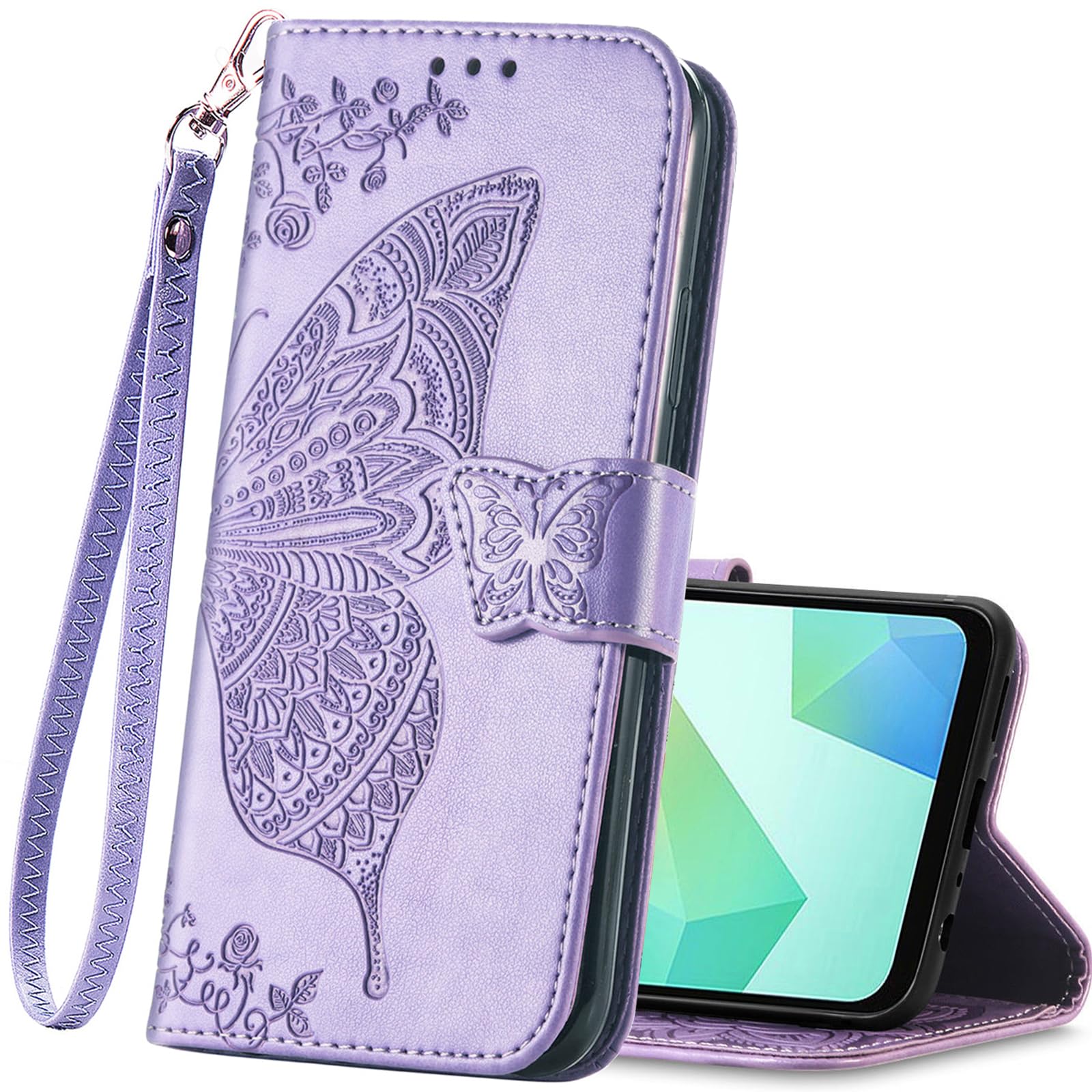 for Samsung Galaxy S26 Plus Wallet Case,Women Flip Folio Cover Credit Card Holders Emboss Butterfly Flower PU Leather Purse Wrist Strap Kickstand Phone Case for Samsung Galaxy S26 Plus Light Purple