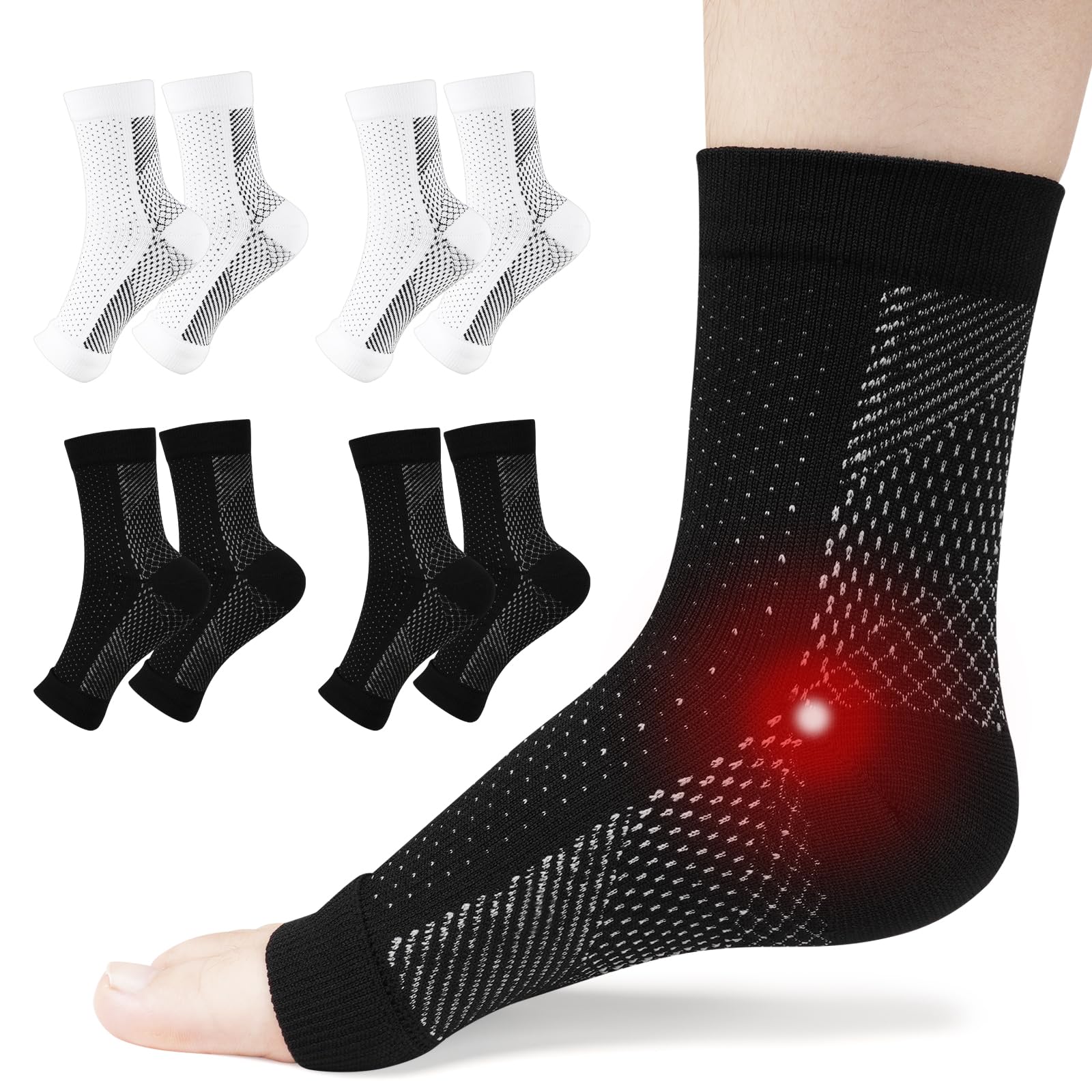 ACWOO Plantar Fasciitis Socks, 4 Pairs Neuropathy Socks Ankle Compression Socks for Women Men, Breathable Anti-Slip Ankle Support Brace Wide Calf Compression Socks for Pain Relief, Flying, Running