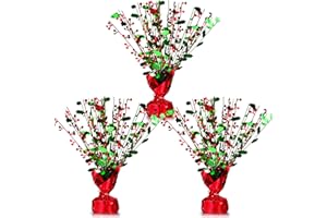 Ceenna 3 Piece Christmas Table Decorations Xmas Metallic Gleam Foil Spray Centerpieces Faux Berry Branches Green Holly Leaf Glitter Plastic Spray Table Centerpiece for Christmas Holiday Party Supplies