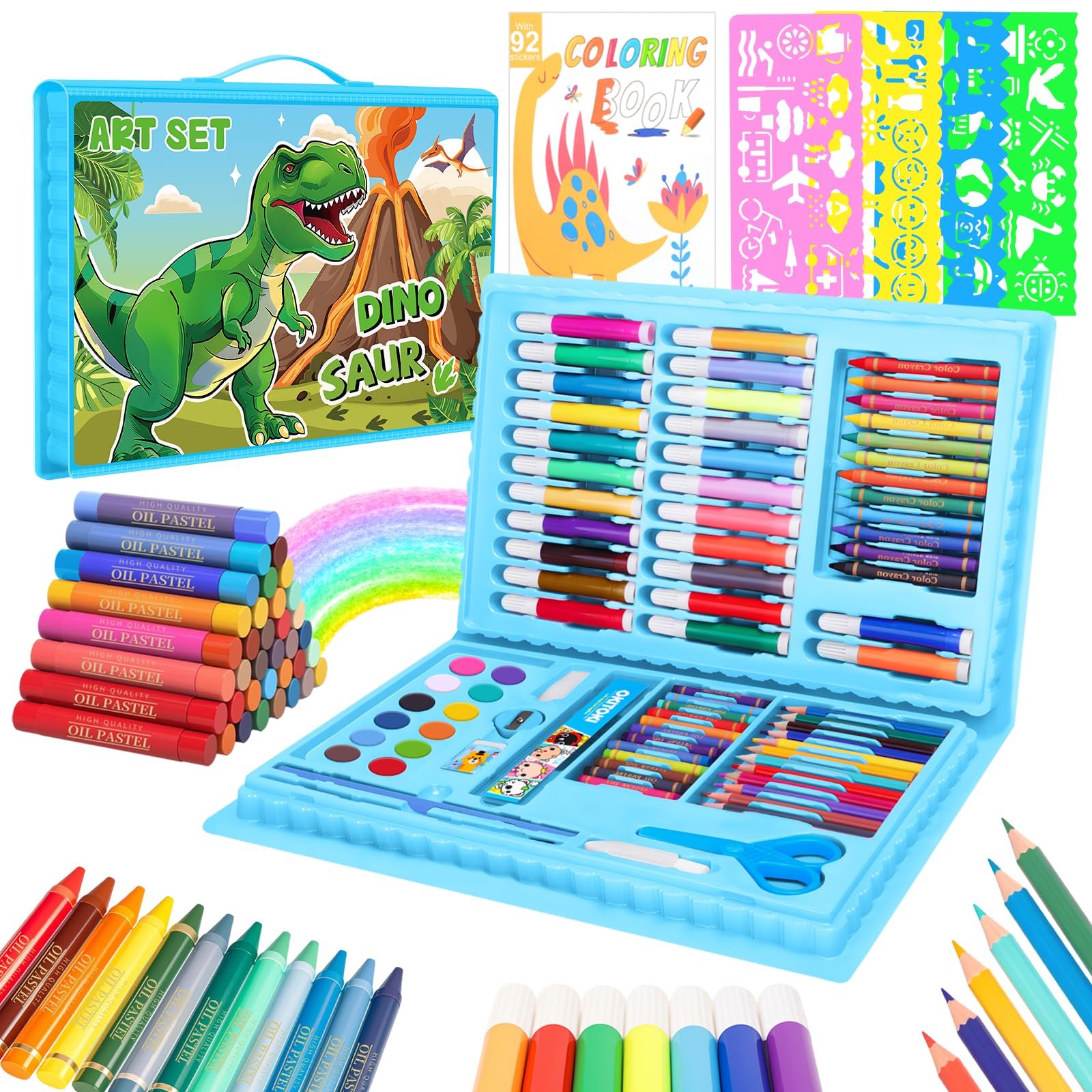 CutteeyFyry Colouring Sets for Children Age 3-9,Dinosaur Art Set for Kids, Boys Drawing Set with Oil Pastels, Crayons, Colored Pencils,Coloring Book,Kids Colouring Sets&Arts and Crafts for Kid