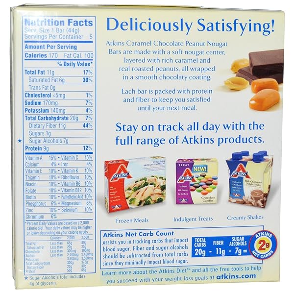 ATKINS CARAMEL CHOCOLATE PEANUT NOUGAT BAR, 5 BARS