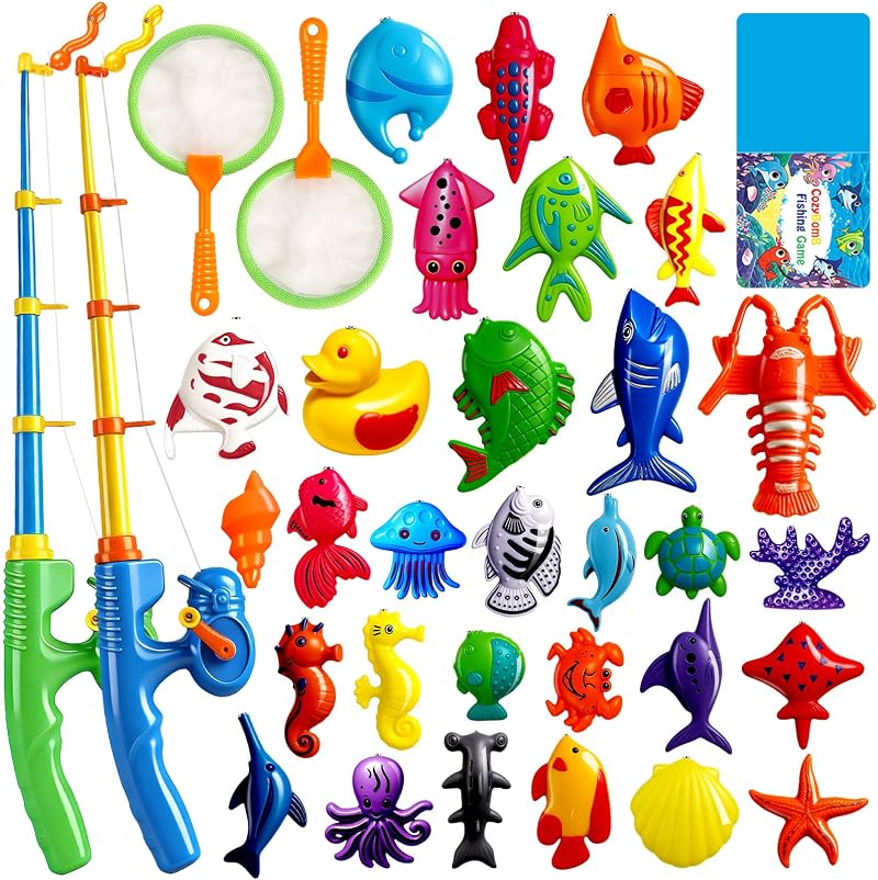 CozyBomB Magnetic Fishing Toys Set with Poles Net Train Kids Bath Pool Social
