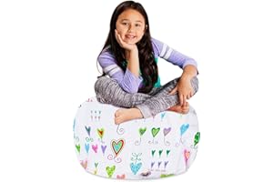 POSH CREATIONS Posh Stuffable Kids Stuffed Animal Storage Bean Bag Chair Cover - Childrens Toy Organizer, Medium-27 - Canvas Multi-Colored Hearts on White