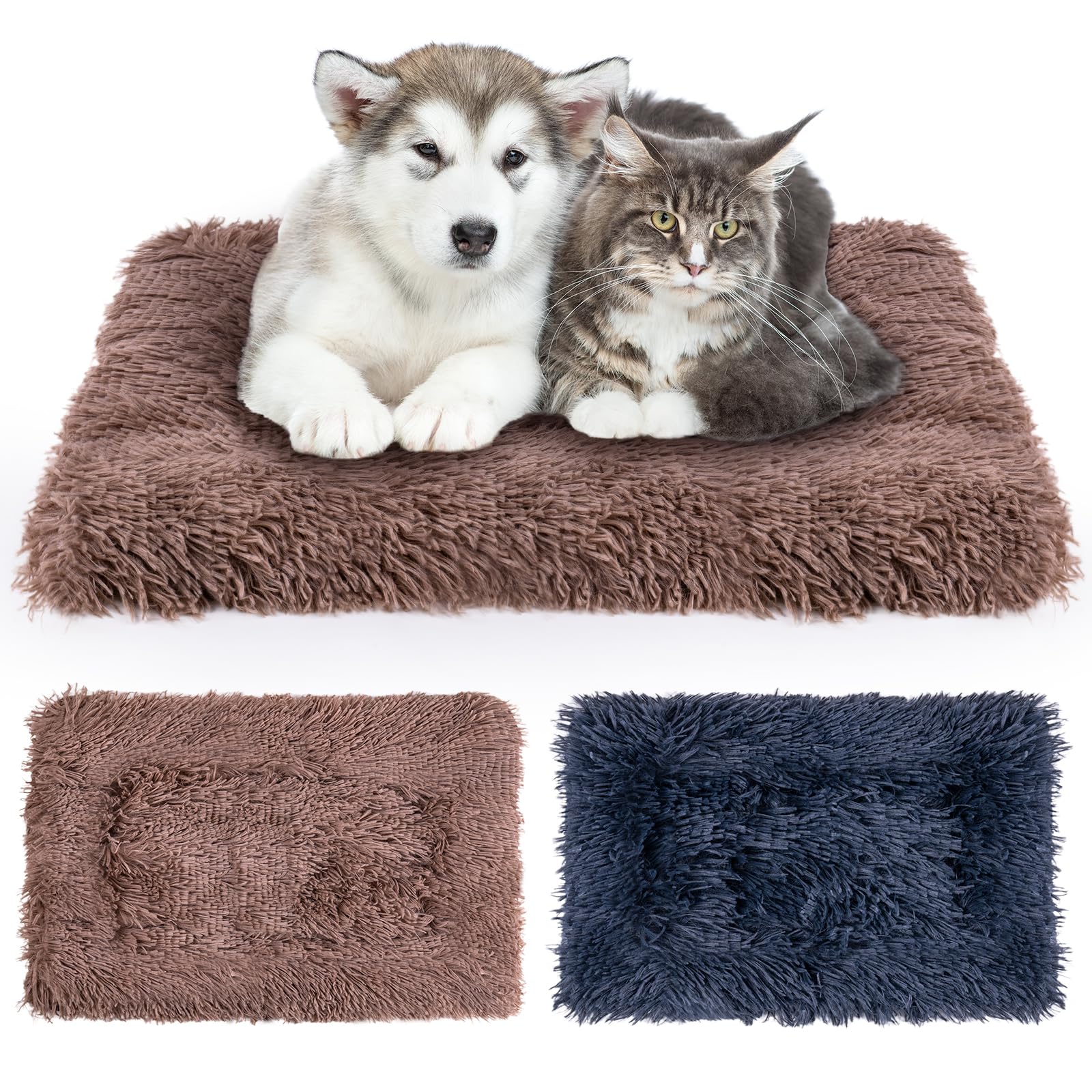 MICOOYO 2Pcs Dog Crate Bed Mattress, Fleece Pet Cushion Bed Mat, Washable Cat Cushion Pad for Small Dog Cat Puppy(Grey, Brown,69x52 cm)