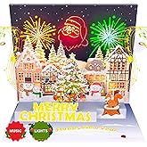 BYKOOO Christmas Cards, Musical Christmas Card w Lights Play Wish You Merry Xmas Music, Pop Up Greeting Card with Envelopes, 3D New Year Card for Men Women