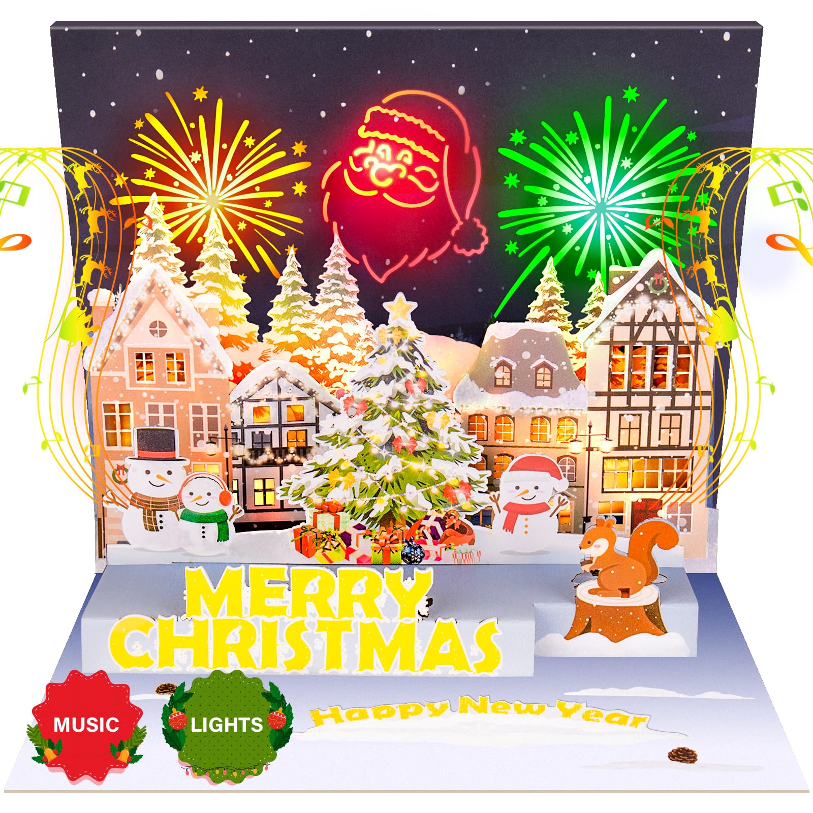 Musical Christmas Card w Lights, Play Wish You A Merry Christmas Music Xmas Cards, 3D Greeting Cards w Envelope for Family Members