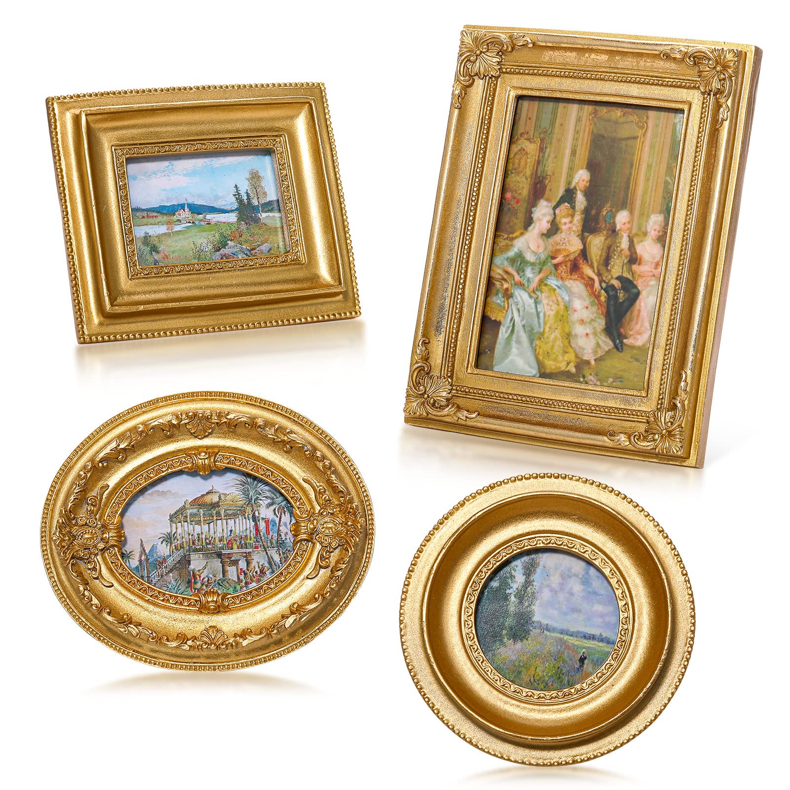 Photo 1 of Geetery 4 Pcs Vintage Frames Set, Mini Antique Picture Frame Small Luxury Ornate Oval Circle Rectangle Wall Hanging for Gallery Wall Photo Display Tabletop Home Decor