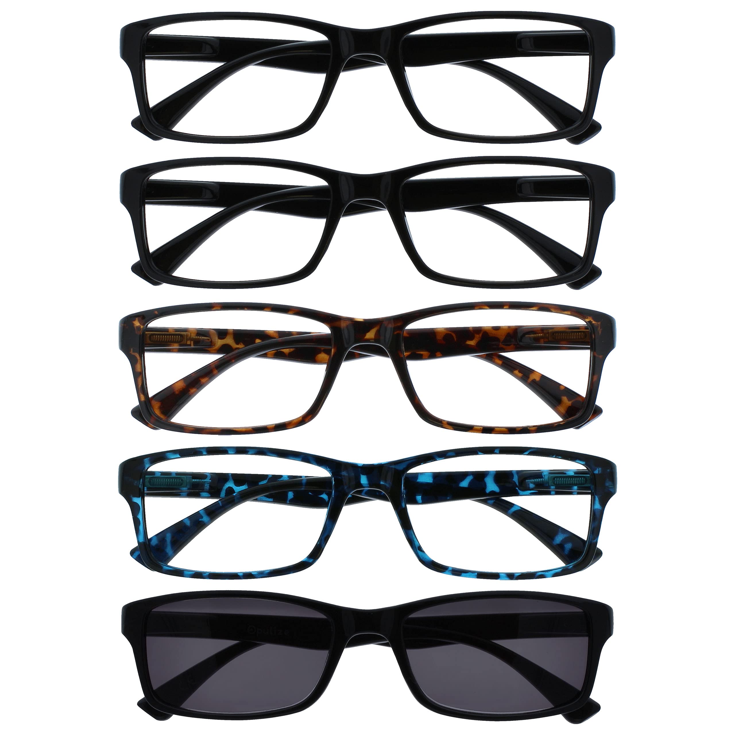 OPULIZE PEP Reading Glasses for Women Men, Large Rectangular Designer Frame with Spring Hinges, Scratch Resistant, Black, Brown, Blue, Black Sun +1 (Pack of 5) — image 1