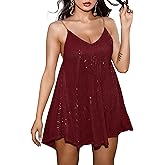Wenrine Women's Sequin Dress Sexy V Neck Spaghetti Strap Backless Mini Dresses Club Party Dresses