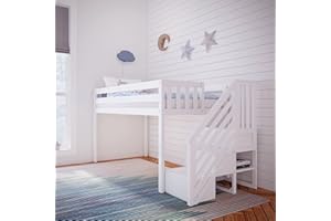 Max & Lily Low Loft Bed, Twin Bed Frame For Kids With Stairs, White