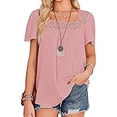Falechay Womens Tops 2025 Boho Blouses Short Sleeve Flowy Square Neck Casual Peasant Summer Floral Lace Hem Textured Shirts