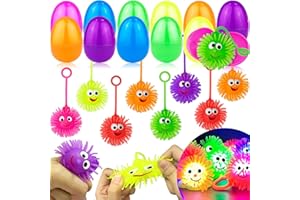 AMENON 24 Pcs Easter Basket Stuffers 12 Easter Eggs with 12 Light Up Puffer Balls Squeeze Sensory Stress Relief Toys Plastic Surprise Easter Hunt Fillers for Kids Boys Girls Surprise Egg Party Favor