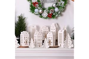 Amyhill 36 Pcs White Paper Christmas Village Sets 18 DIY Christmas Village House and 18 Trees Mini Cardboard House Crafts Xmas Table Centerpiece for Mantel Window Home Decor