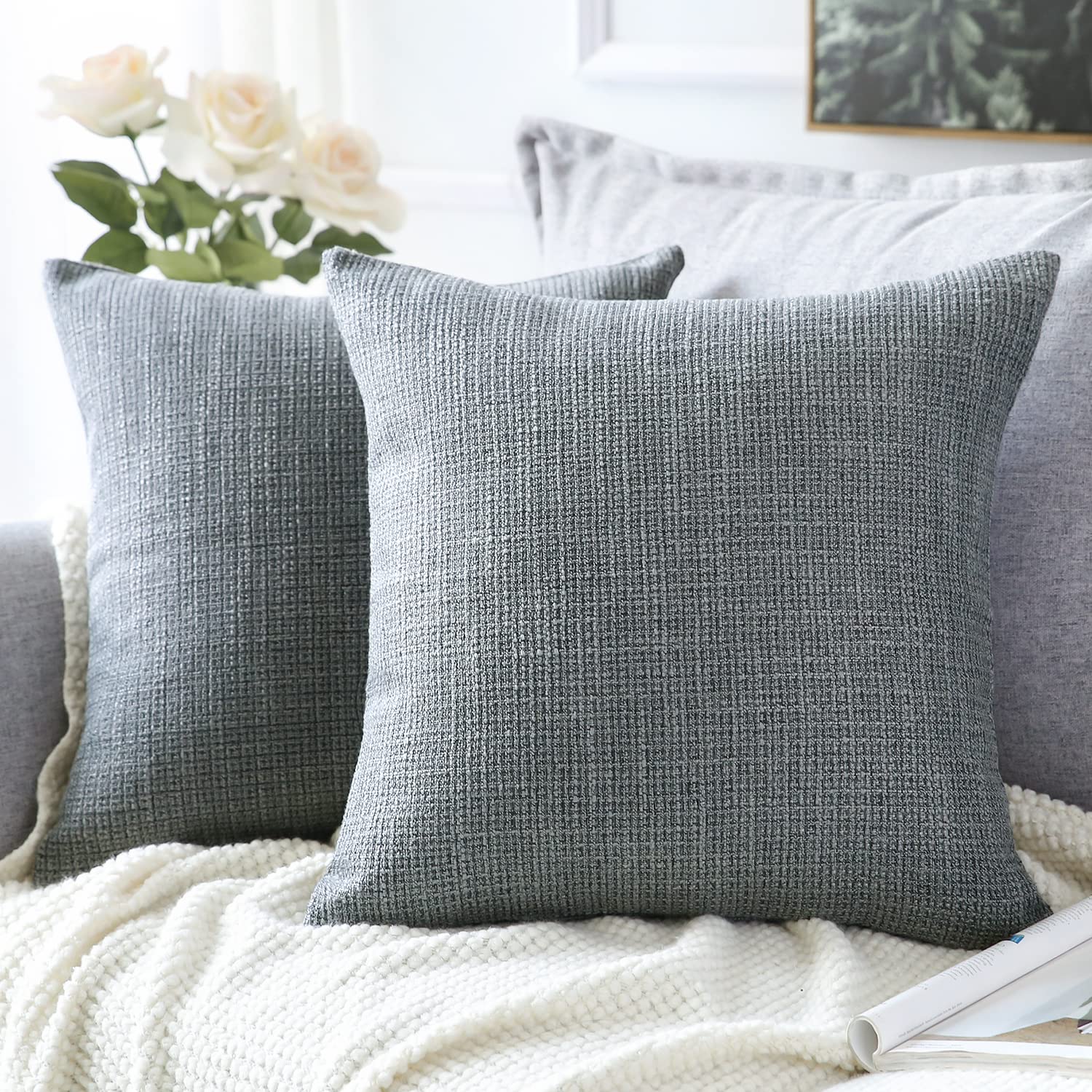 Photo 1 of OTOSTAR Linen Throw Pillow Covers Set of 2 Decorative Square Pillowcases Cushion Covers 18x18 Inch for Home Decor Sofa Bedroom Car 45 x 45CM Dark Grey