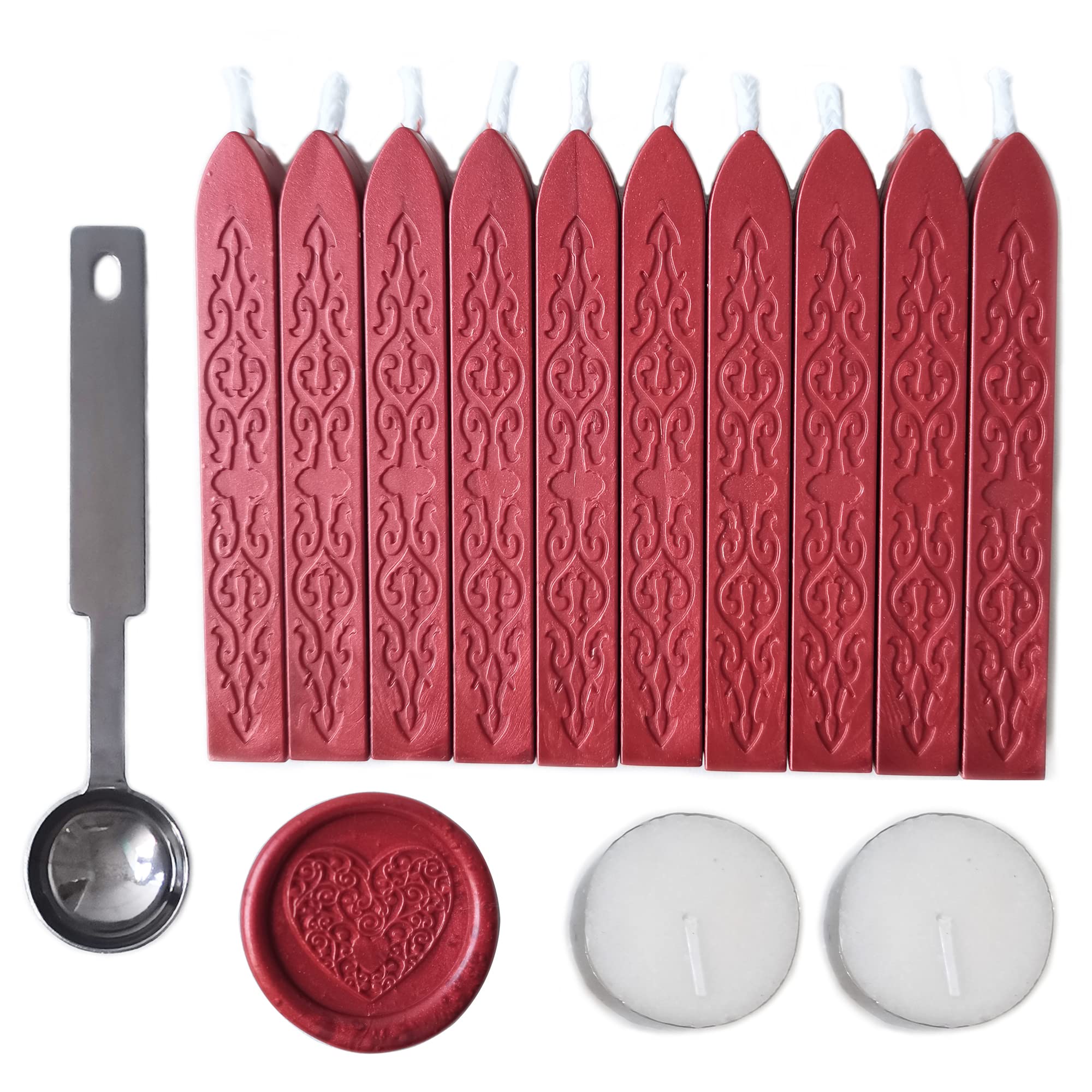 Sealing Wax Sticks with Wick, AMTOL 10 PCS Wax Seal Sticks with 2 Pcs White Candles and 1 Pcs Wax Melting Spoon, for Wedding Invitations,Cards Envelopes and Seal Stamp (New wine red)